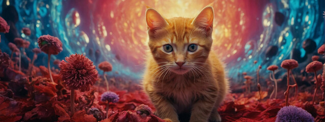 Obraz premium A red kitten in a vibrant, surreal landscape filled with flowers