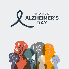 Brain Health Awareness Day.  World Alzheimer's Day. Maintain brain health. Design features minimalist silhouettes of people and plants. Design with concept of health awareness on the brain in thinking
