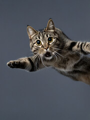 startled cat on a gray background