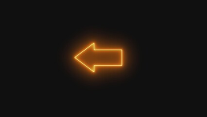 Bright ocher color neon light arrow pointing left. left arrow neon glow icon black background.