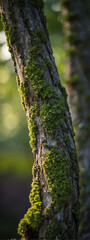 Obraz premium moss-covered branch in a tranquil forest during golden hour sunlight