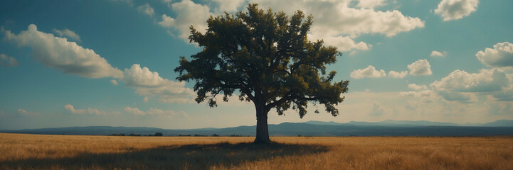 A tree in a field, with a blue sky and fluffy clouds