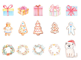 Illustration of a gift box, gingerbread cookies, a Christmas wreath, and a cat using colored pencils and paints