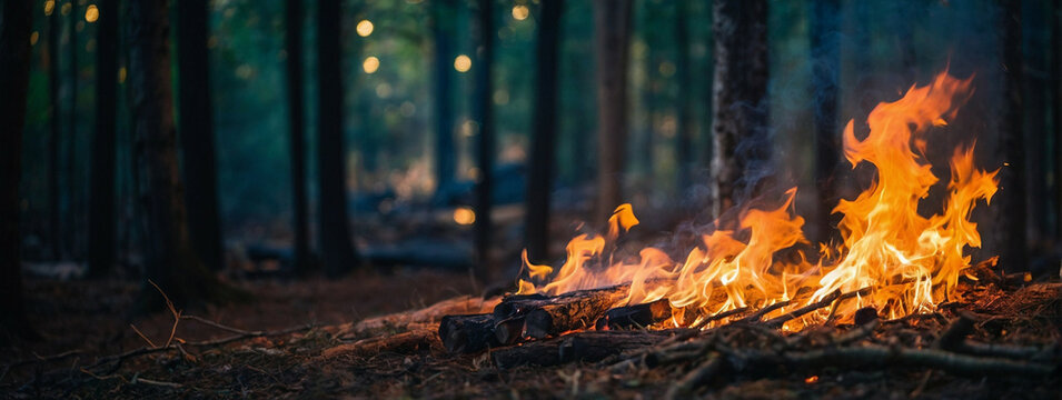 A small fire burns brightly in a forest clearing
