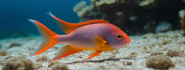 Fototapeta premium Close up view of a anthias fish, panorama, underwater web banner with copy space