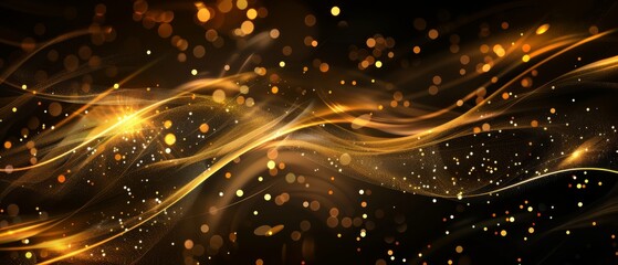 An abstract design featuring flowing golden light trails intertwined with sparkling bokeh particles on a dark background. The image radiates energy and elegance
