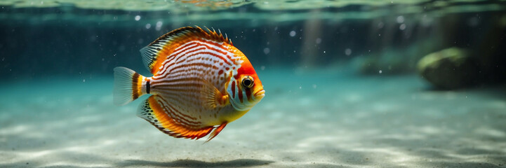 colorful discus fish swimming in the ocean, panorama, underwater banner with copy space