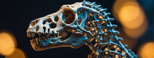 Fototapeta premium Dinosaur skeleton exhibit showcasing detailed structure in a dimly lit museum setting, panorama, banner with copy space for text