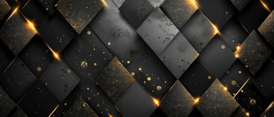 Luxurious geometric pattern with metallic black and gold squares, featuring glittering gold accents and glowing edges for an elegant design