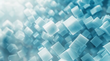 Abstract background featuring light blue floating cubes arranged in a dynamic pattern, with depth and a sense of motion