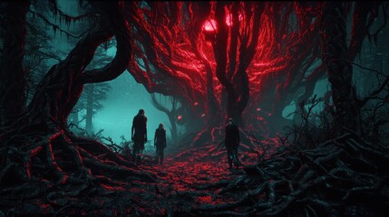 Fototapeta premium Dreamlike forest scene with towering, twisted trees, red and blue lighting, and hooded figures walking through a surreal, eerie landscape. Halloween illustration. 