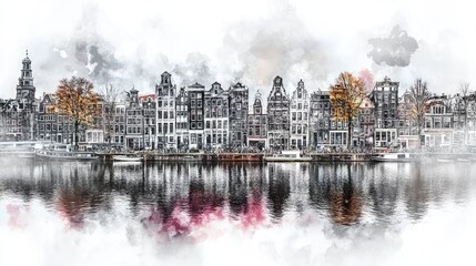Fototapeta premium Elegant watercolor sketch of Amsterdam houses and trees, with gray, burgundy, and pink tones. Minimalist design and architectural focus.