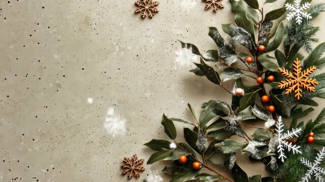 Earthy holiday scene with mistletoe and terracotta snowflakes, creating a stylish and modern Christmas aesthetic with natural elements. Mistletoe Snowflakes
