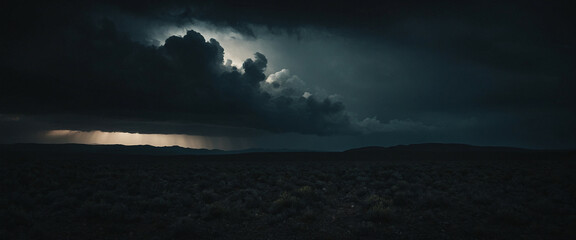 A dark storm cloud looms over a distant landscape