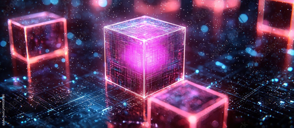 Poster Glowing Pink Cube on Circuit Board with Blue and Red Bokeh