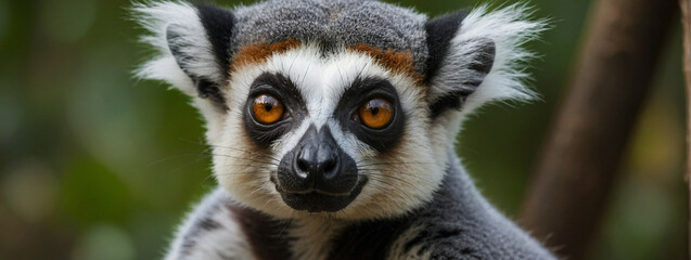 Obraz premium Close-up portrait of a lemur in a lush forest, panorama, banner with copy space for text