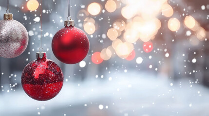 Festive red and silver Christmas ornaments hang against blurred winter background, creating joyful and magical holiday atmosphere with falling snowflakes