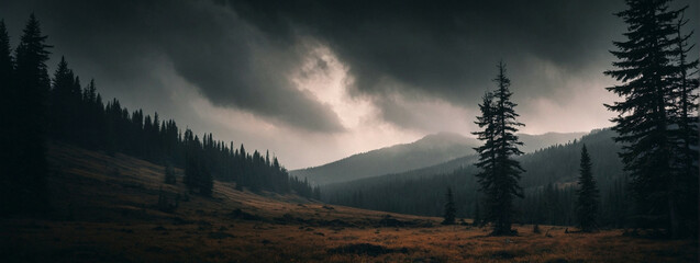 Majestic mountain landscape under dramatic clouds with evergreen trees at dusk