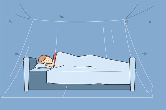 Mosquito net over sleeping woman bed allows to get rid of discomfort from midges and insects