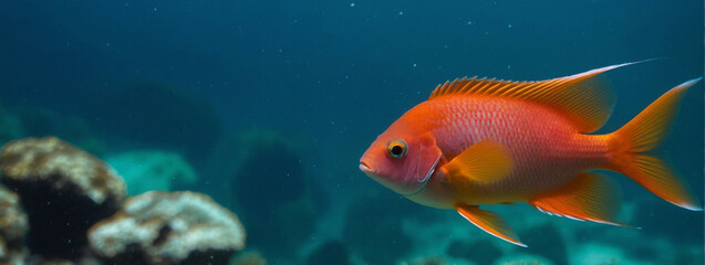 Naklejka premium anthias fish, tropical fish on panoramic water background, underwater web banner with copy space