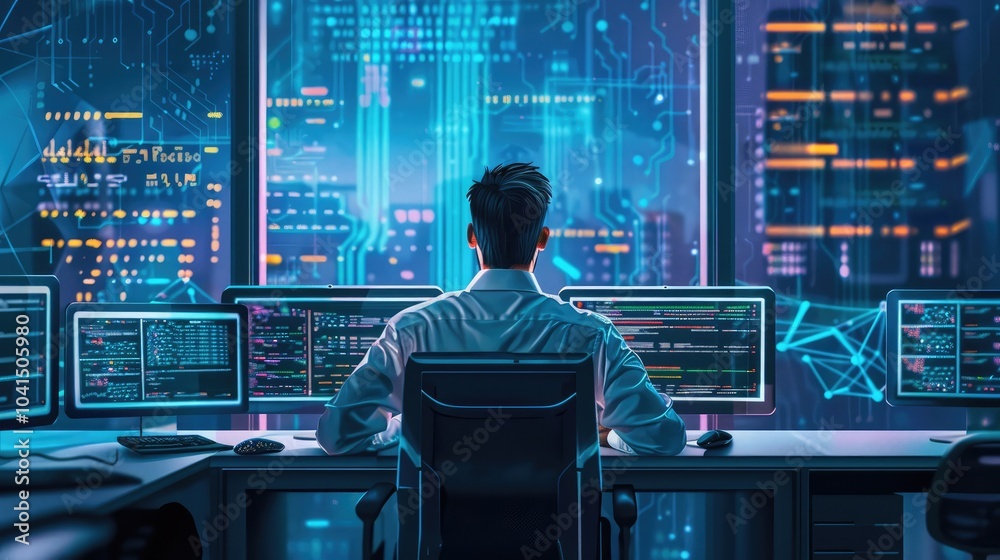 Poster system administration and machine learning engineer programming at his workstation. man plans and ca