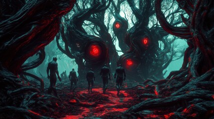 Obraz premium Surreal alien forest with twisted, eerie trees and glowing red eyes, as shadowy figures walk through a mysterious, otherworldly landscape. Halloween illustration. 