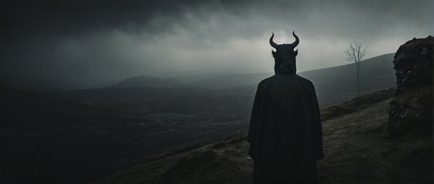 a devil stands on a hilltop, looking out at a dark, stormy landscape. Mysterious figure in a dark cloak with horns, panorama, banner with copy space for text