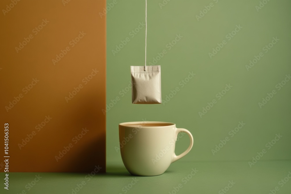 Poster A tea bag gently dips into a white cup, creating ripples in the warm beverage, surrounded by calming earthy colors in the backdrop. Generative AI