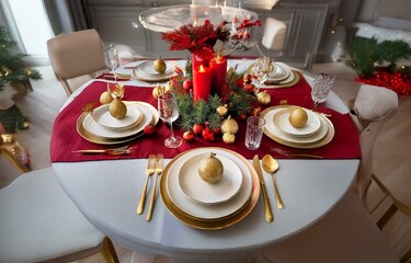 Fototapeta premium A festive tablescape with red and gold accents, featuring a centerpiece of candles, pine boughs, and ornaments.
