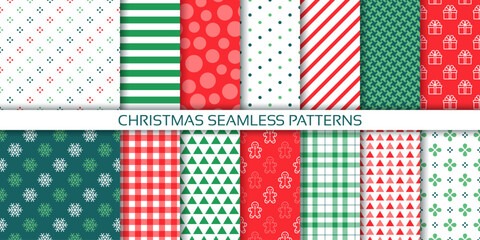 Christmas background. Seamless pattern with dots, snowflake, stripe, present, plaid. Holiday red green prints. Set geometric textures. Collection wrapping papers. Xmas backdrops. Vector illustration  