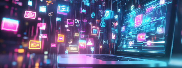 Fototapeta premium Digital World in Motion: Icons Projected from Laptop