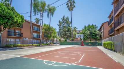 Fototapeta premium Outdoor Basketball Court Surrounded by Palm Trees