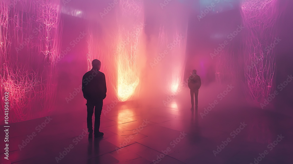 Poster mysterious encounter two silhouettes captured in vibrant foggy light evoking emotion and intrigue in