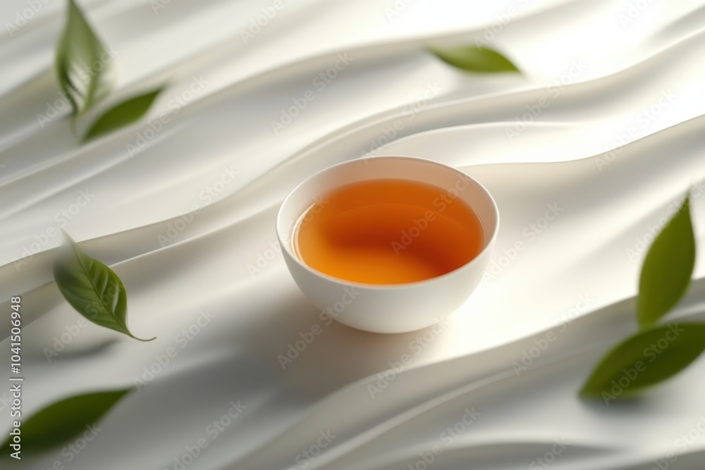 Poster a soothing tea cup rests gently on a smooth surface, embraced by vibrant green leaves that form soft