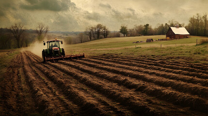 Fototapeta premium Tractor Plowing Field on Rural Farm, Farming Tractor Working in Countryside