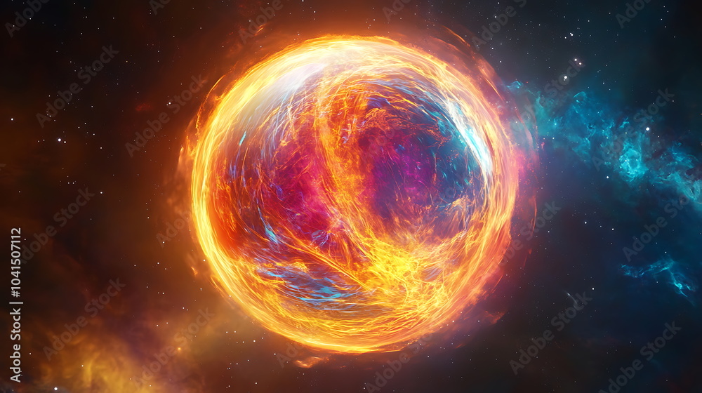 Poster exploring the vibrant cosmic sphere a fiery vision of color and light in the depths of space