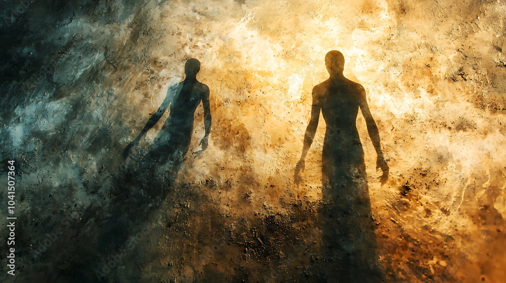 Poster mystical encounter two abstract figures emerge from a surreal landscape of light and shadow evoking 