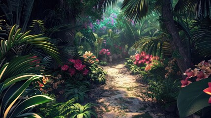 Obraz premium Tropical garden with flowers and secret path. Generative AI