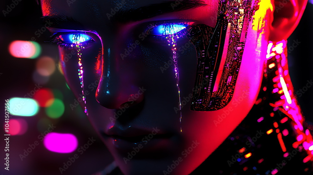 Poster Futuristic robot with glowing eyes and digital tears a deep dive into the intersection of technology and emotion
