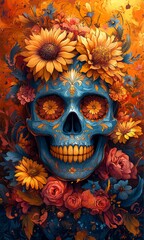 Painted Skull Adorned with Flowers