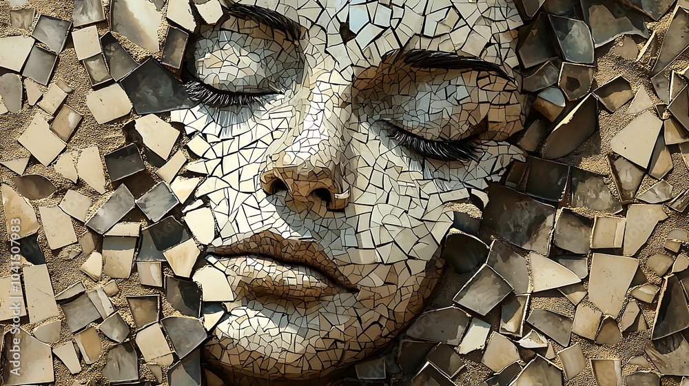 Poster a beautiful mosaic art representation of a serene face surrounded by intricate patterns and textures