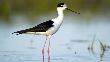 Fototapeta premium Elegant Black-necked Stilt Wading in Shallow Water