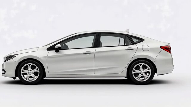 A white sedan is parked on a white background