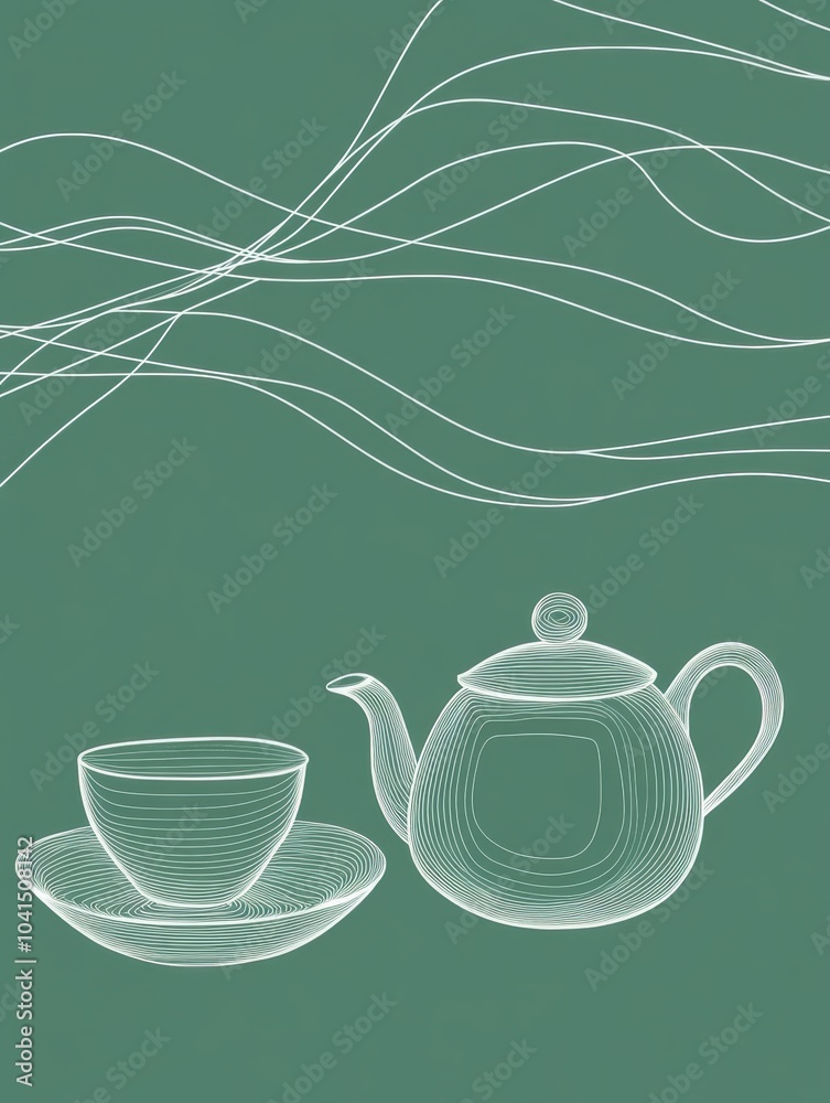 Poster The artwork depicts a simple line representation of a teapot and cup, enhanced with gentle curves on a calming green background. Generative AI