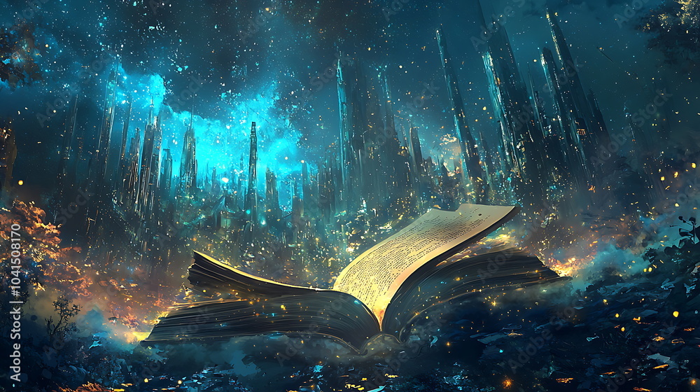 Poster unlocking the secrets of a magical world an open book revealing enchanted realms and infinite possib