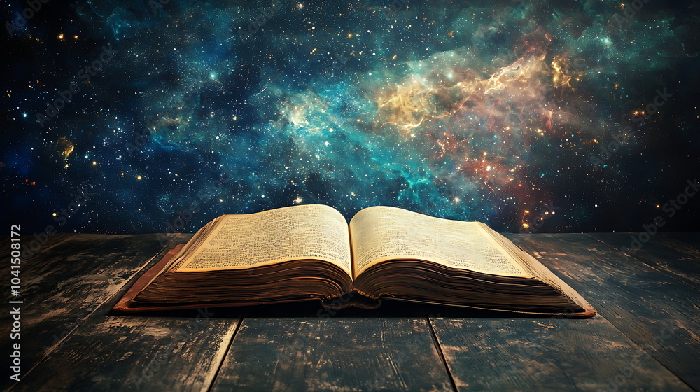 Poster Exploring the infinite an open book against a cosmic background symbolizing knowledge and the universe’s mysteries