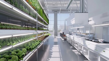 Urban Farming Technology Innovation Lab Floor: Featuring vertical farming prototypes, hydroponic systems, agricultural drone development areas, and researchers