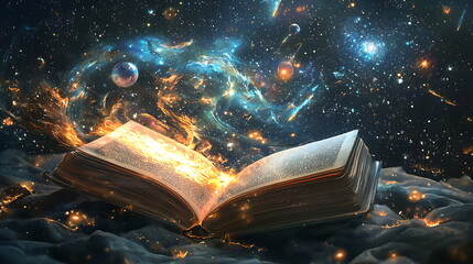 Unleashing cosmic wisdom an enchanted open book radiating universal energy amidst a celestial realm