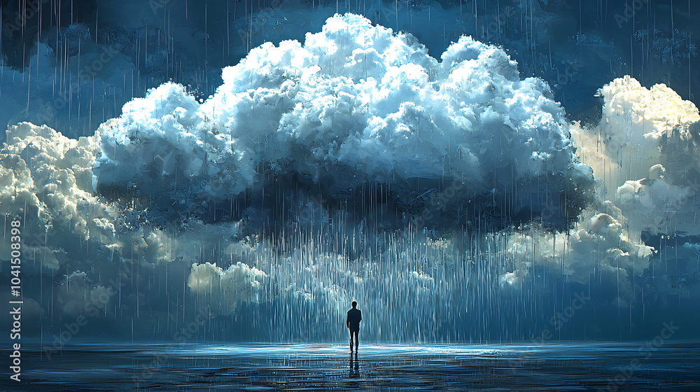 Aufkleber a solitary figure contemplates life under a heavy cloud as rain cascades in an atmospheric scene of 