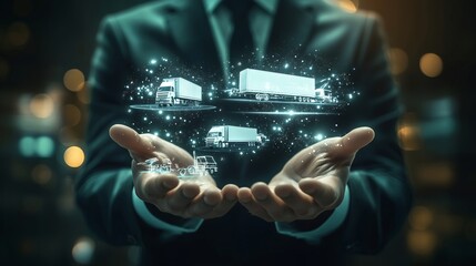 Businessman holding hologram of trucks for logistics and transportation management concept